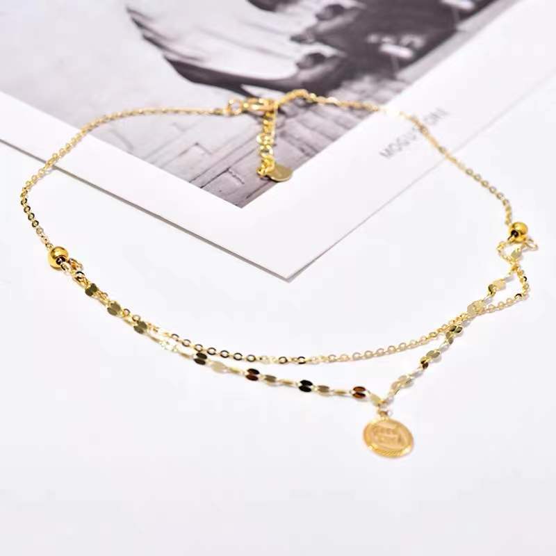 S925 Sterling Silver Handmade Anklet Lucky Wafer Pendant Two-Tier Adjustable Foot Ornaments Women