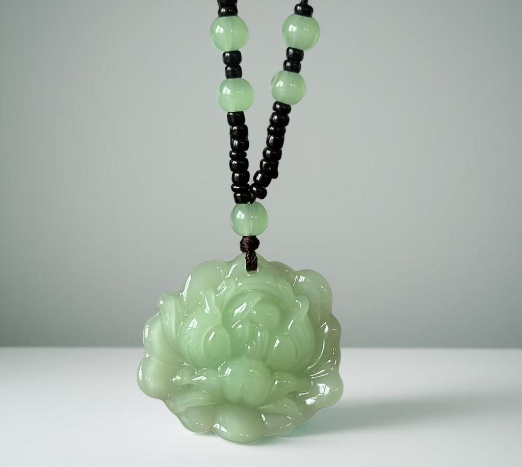 Imitation Hetian Jade Lotus Pendant Necklace for Women - White Jade Flower Blooming Wealth Design