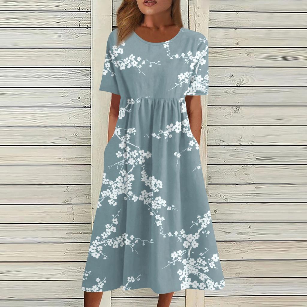 Жен. Повседневные платья Платья с принтами Летние платья С принтами Плиссированные платья-миди с круглым вырезом Классический Классический На открытом воздухе Повседневные С короткими рукавами Свободные платья