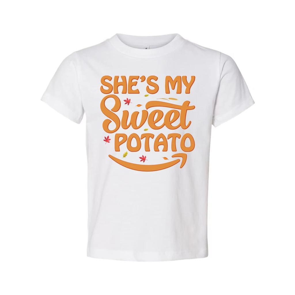 She's My Sweet Potato Thanksgiving Unisex Graphic T Shirt With Fall Leaves Desig