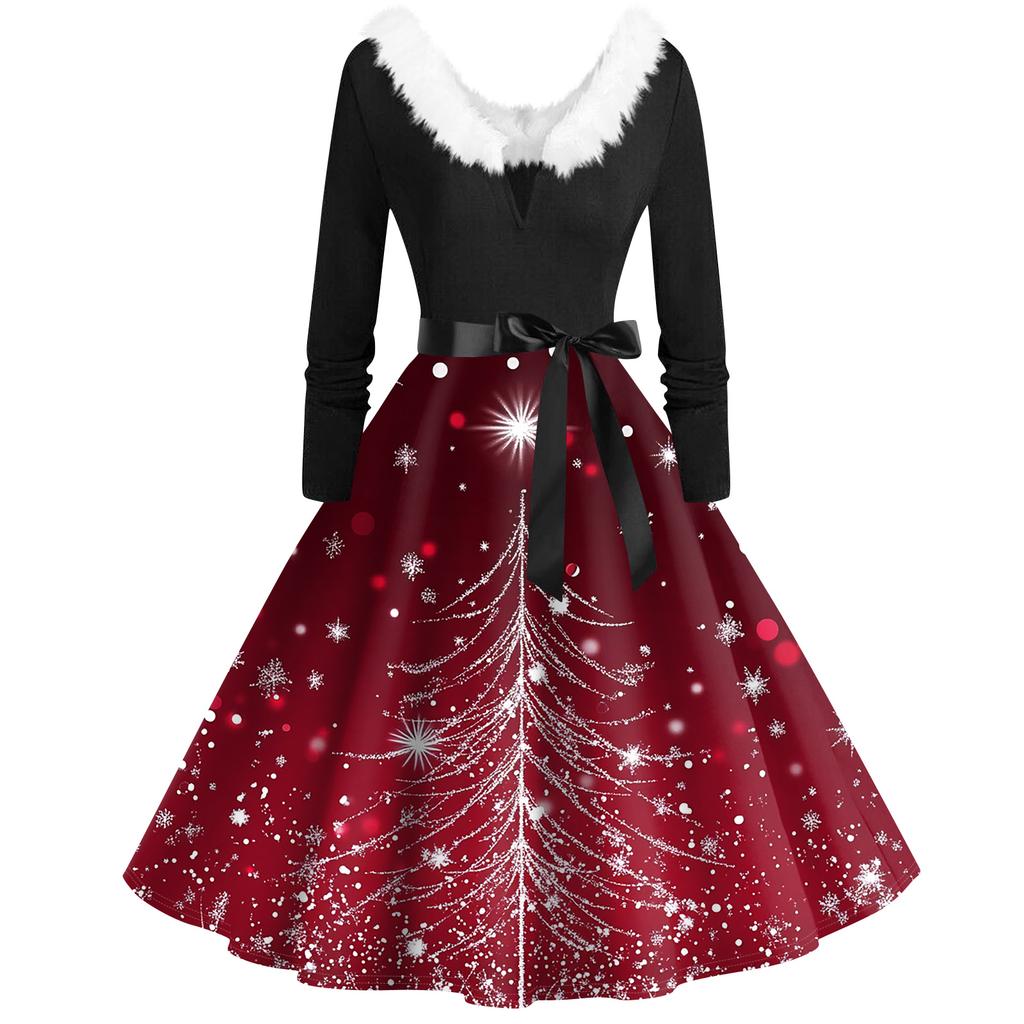 Женская мода с v-образным вырезом, повседневные тонкие рождественские платья с воротником из волос и длинными рукавами с принтом