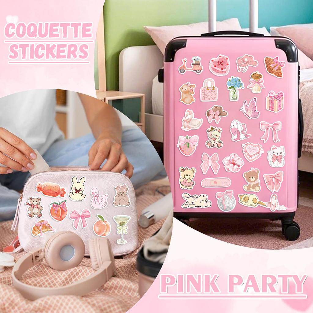 100PCS Girl's Pink Aesthetic Stickers Pink Y2K Party Supplies & Decorations, Waterproof Vinyl Decals for Scrapbook Water Bottle