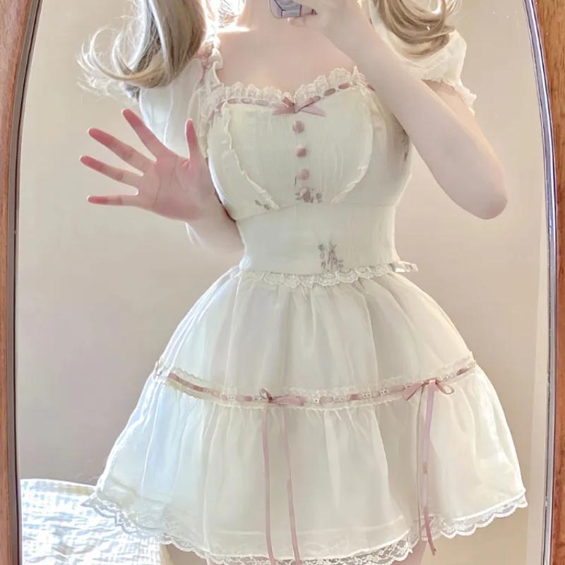 Милый комплект из 2 предметов платья Kawaii, женский летний комплект из 2025 года с коротким рукавом Y2k, укороченный топ + мини-юбка, женские наряды, корейский модный костюм, шик