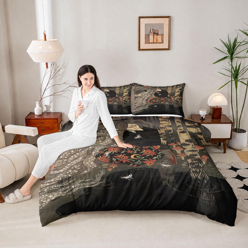 Decorative Slavic Forest Witch Folk Art Dark Duvet Cover Set, Plush Bedding Set with Pillow Shams, Silky Duvet Cover for Comfortable Sleep