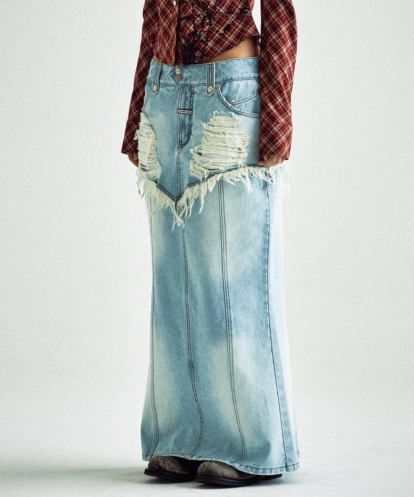 THEVINYLHOUSE Разрушенная Джинсовая Юбка Double Denim Светло-Синяя