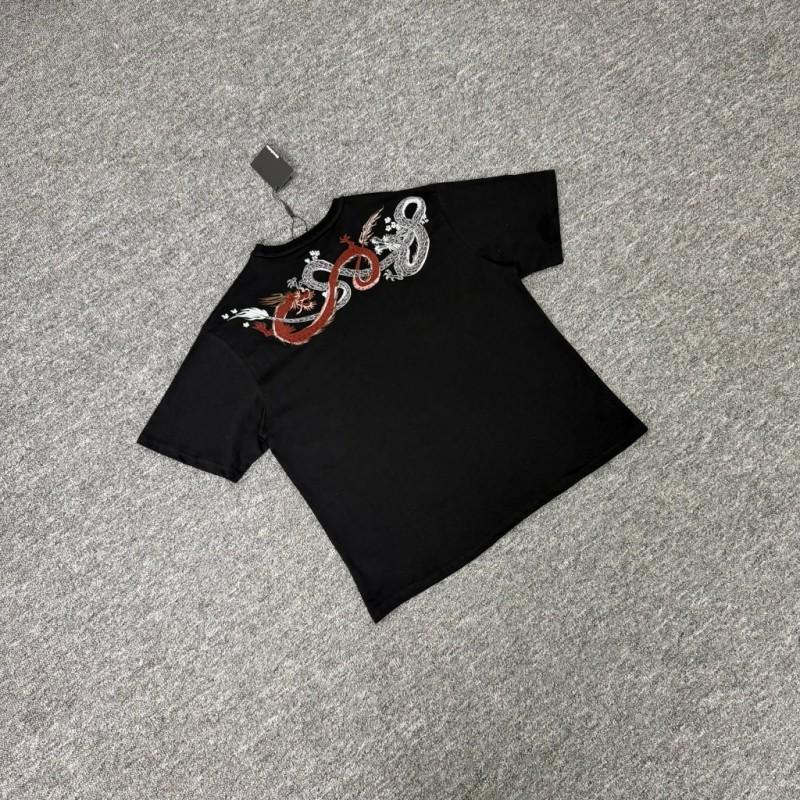 Unisex Cotton T Shirt Black Dragon Embroidery Short Sleeve Loose Fit Casual Streetwear Teens