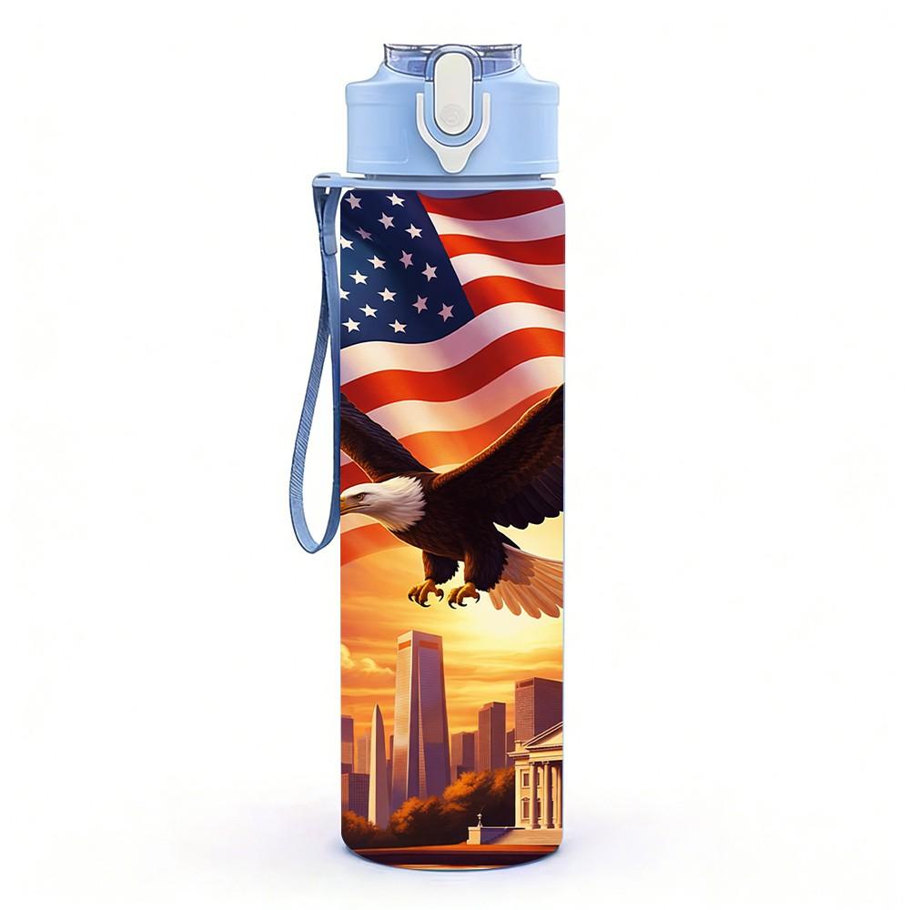 1PC Eagle American Flag City Sunset Print 750ml Color Plastic Sports Water Bottle Leakproof Flip Straw Lid Suitable for Sports Office Home Use