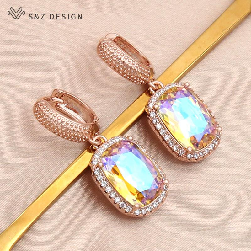 Fashion Luxury Rectangle Crystal Drop Earrings For Women Wedding Jewelry Rose Gold Color Zirconia Eardrop