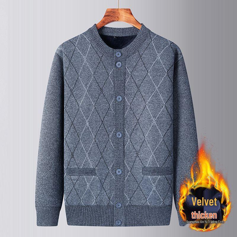 Men's Plus Velvet Knit Cardigan: Warm, Thick Sweater for Middle-aged and Elderly, Perfect for Autumn and Winter