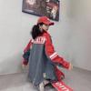 Womens Denim Shirt 2026 Streetwear Color Block Letter Print Loose Distressed Button Up Top