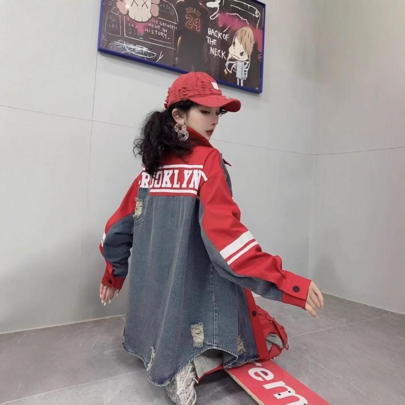 Womens Denim Shirt 2026 Streetwear Color Block Letter Print Loose Distressed Button Up Top