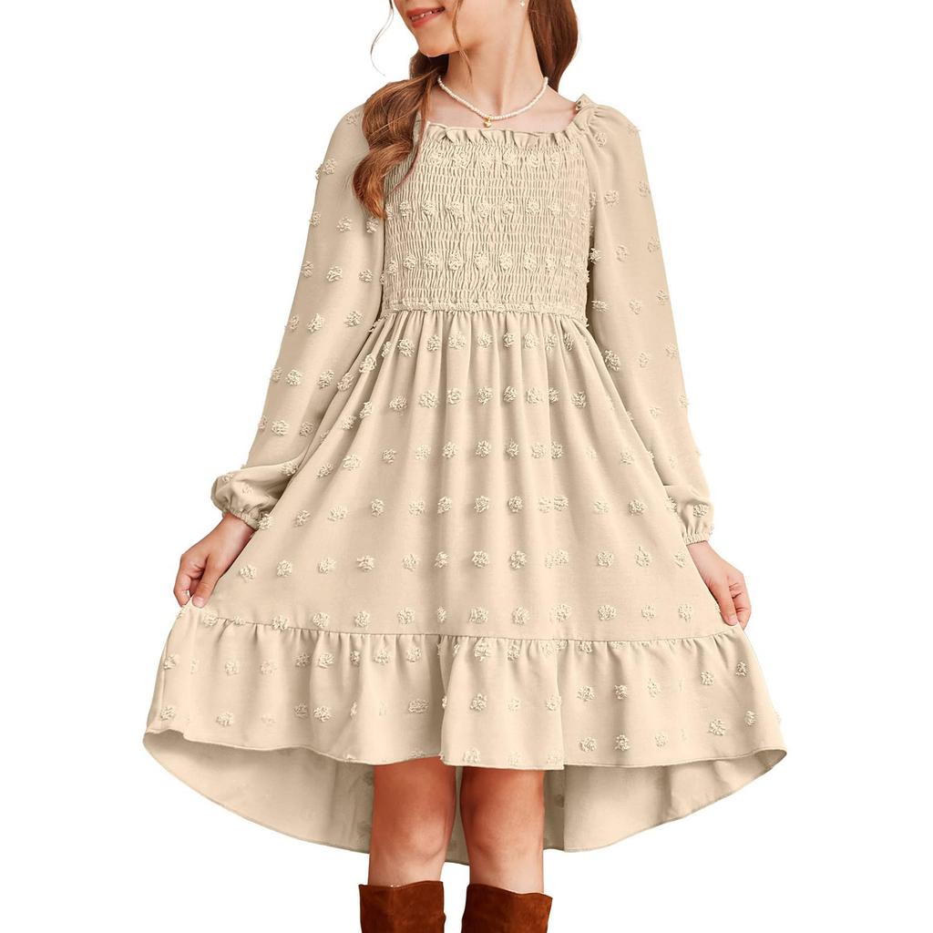 Модное и милое платье для девочек с длинными рукавами, квадратным вырезом горловины и плиссировкой, однотонное