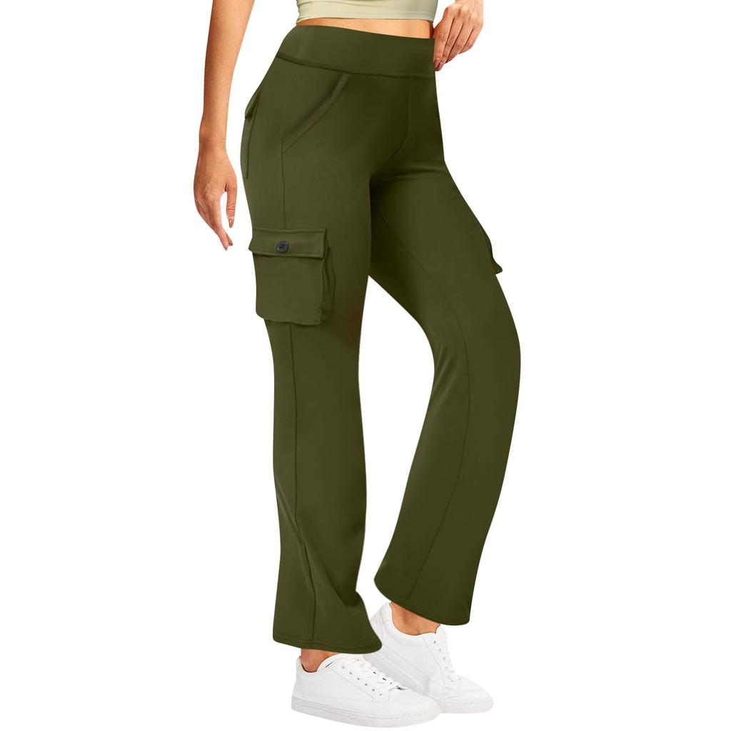 Женские модные космические боковые карманы, эластичная талия, пуговицы, однотонные брюки с несколькими карманами