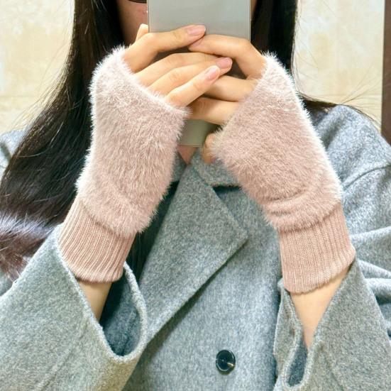 Женские перчатки без пальцев из искусственного меха с отверстием для большого пальца, полупалые перчатки, эластичные, теплые, зимние, для печати, письма, варежки