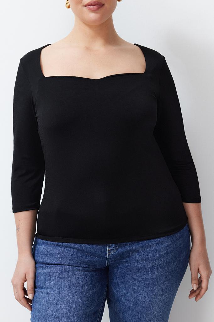Women's Fashion New Plus Big Size Blouse Black Sweetheart Neckline Fitted Knitted Blouse