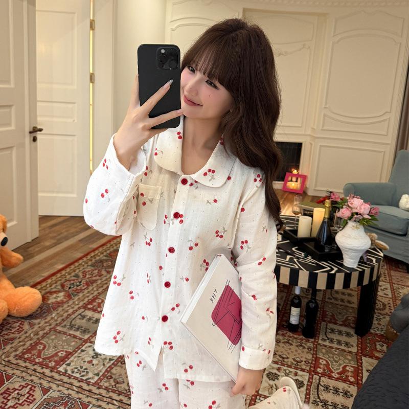 Cute cartoon star person double yarn pure cotton pajamas women's spring, summer and autumn new simple student comfortable loungewear
