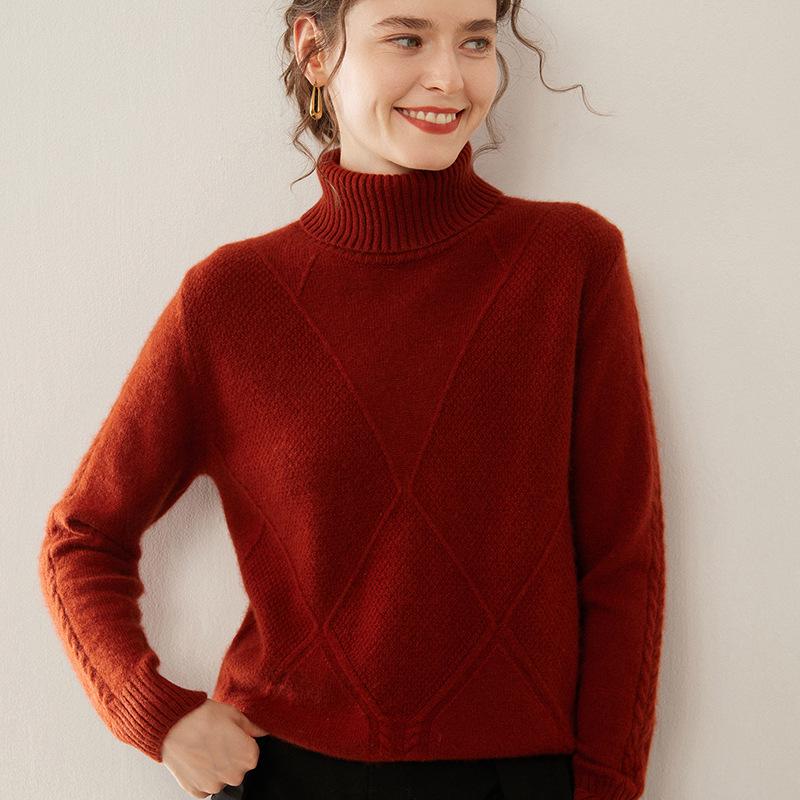 Женский кашемировый свитер с высоким воротником ромбовидной вязки - Плотный, стильный базовый слой для осенне-зимних нарядов