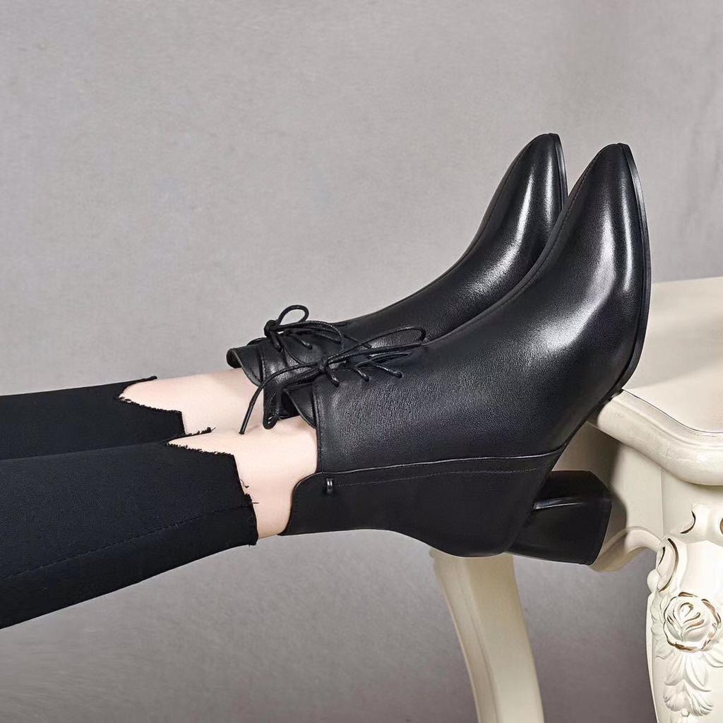 Pointed High-heeled Women's Boots Autumn and Winter New Lace-up Side Zipper First-layer Cowhide Fashion Boots Slim Women's Medium Boots