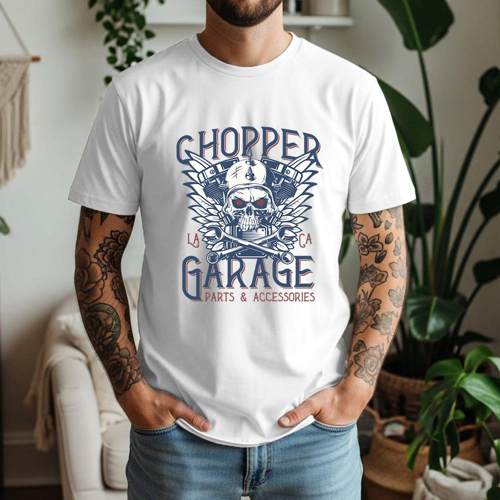 2026 New Summer Unisexs Casual Short Sleeve Cotton Tee Chopper Garage Skull Print Biker Daily Wear Streetwear