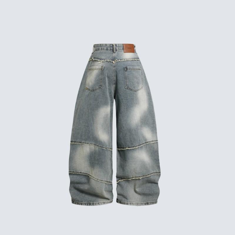 Mens Loose Fit Jeans Distressed Ripped Raw Hem Wide Leg Streetwear Pants Teens