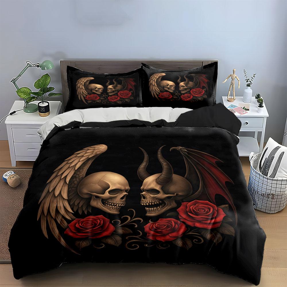 3Pcs Angel Demon Skull Bedding Set, Gothic Skulls with Roses Print Duvet Cover + 2 Pillowcases, Dark Fantasy Decor
