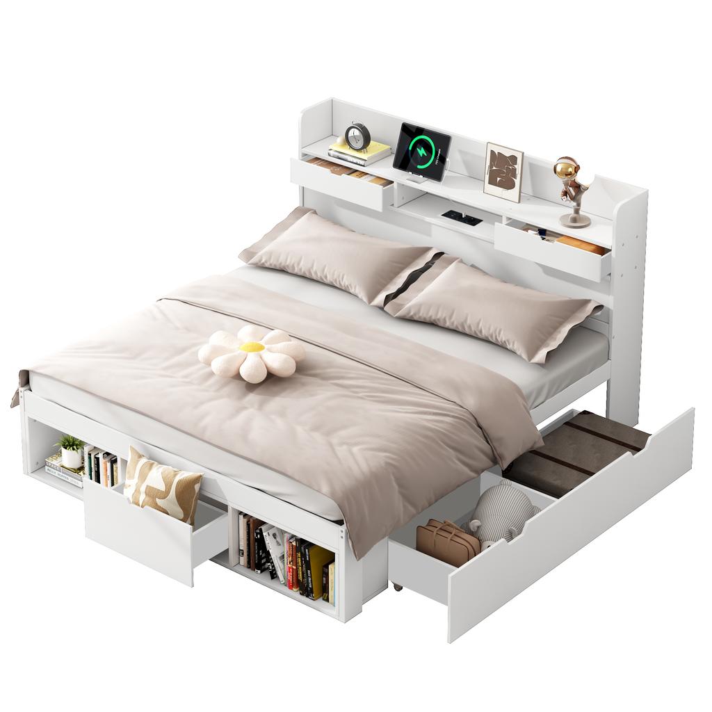 Double Bed, 160*200cm, With USB Port & Drawers & Storage Cabinet, Children's Bed, Multifunctional Bed, Large Storage Space, without Mattress, White