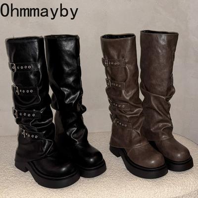 Зимний Панк Стиль Пряжка Ремня Женские Трубы Высокие Сапоги Мода Платформа Каблуки Обувь Женские Лаконичные Увеличение Роста Длинные Ботильоны