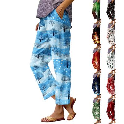 Женские модные повседневные брюки с прямыми карманами и эластичной талией с рождественским принтом