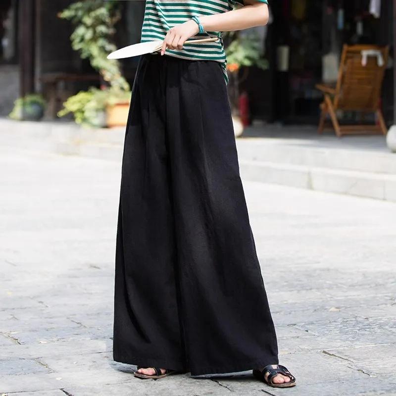 Женские брюки wide leg из хлопка и льна, женские длинные брюки, весна и лето, женские, с высокой талией, прямые, однотонные, свободные и тонкие, повседневные брюки, женские