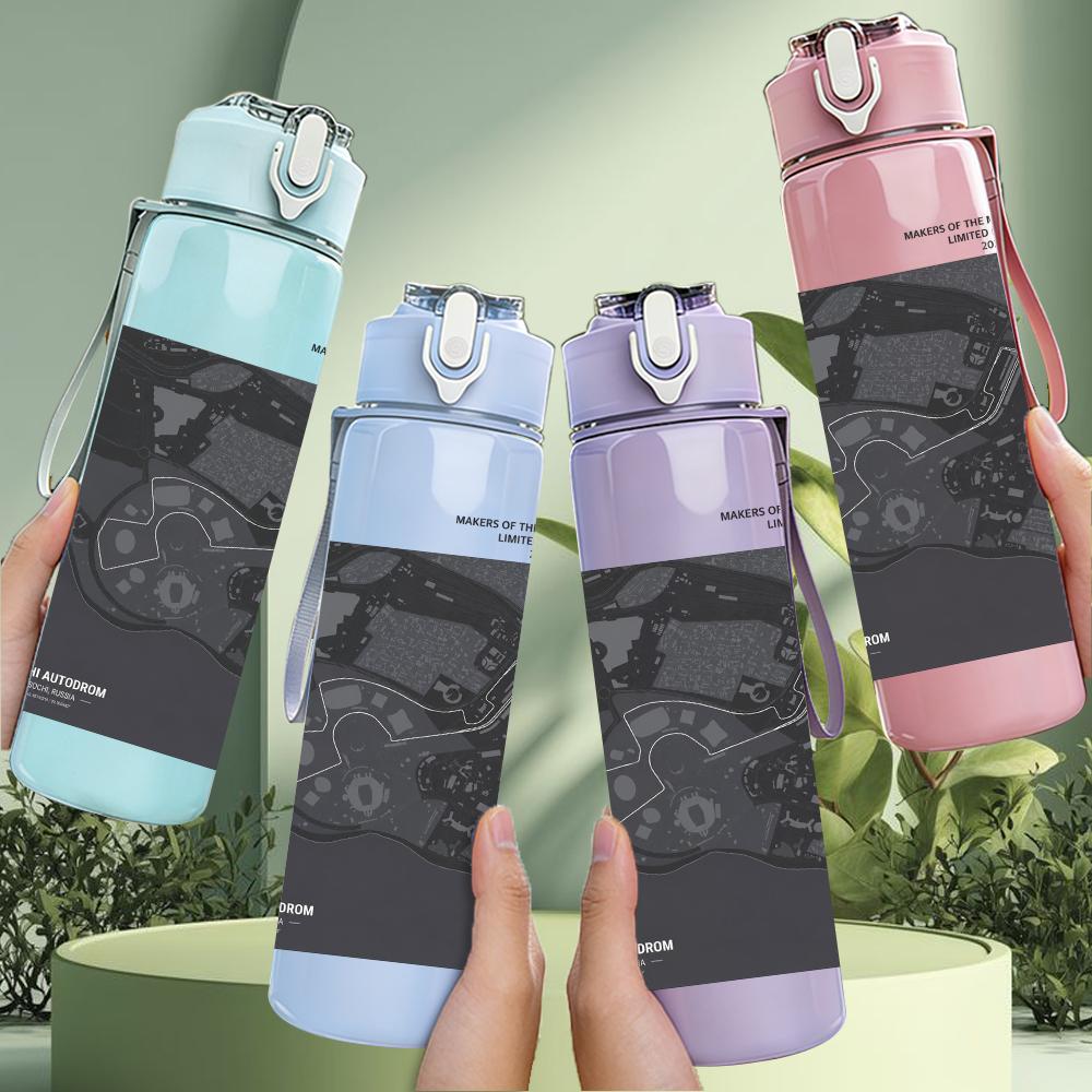 1PC Dark rectangular band album print 750ml colorful plastic sports water bottle leakproof pop up lid with straw for outdoor work home use