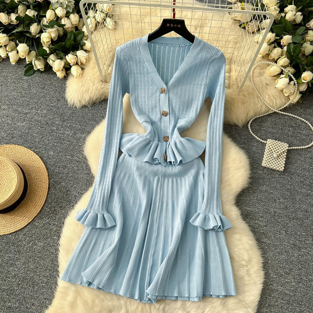 Элегантные вязанные винтажные шикарные платья с V-образным вырезом и длинными рукавами, облегающие платья для офисных леди во французском стиле, одежда для улицы, осень-зима