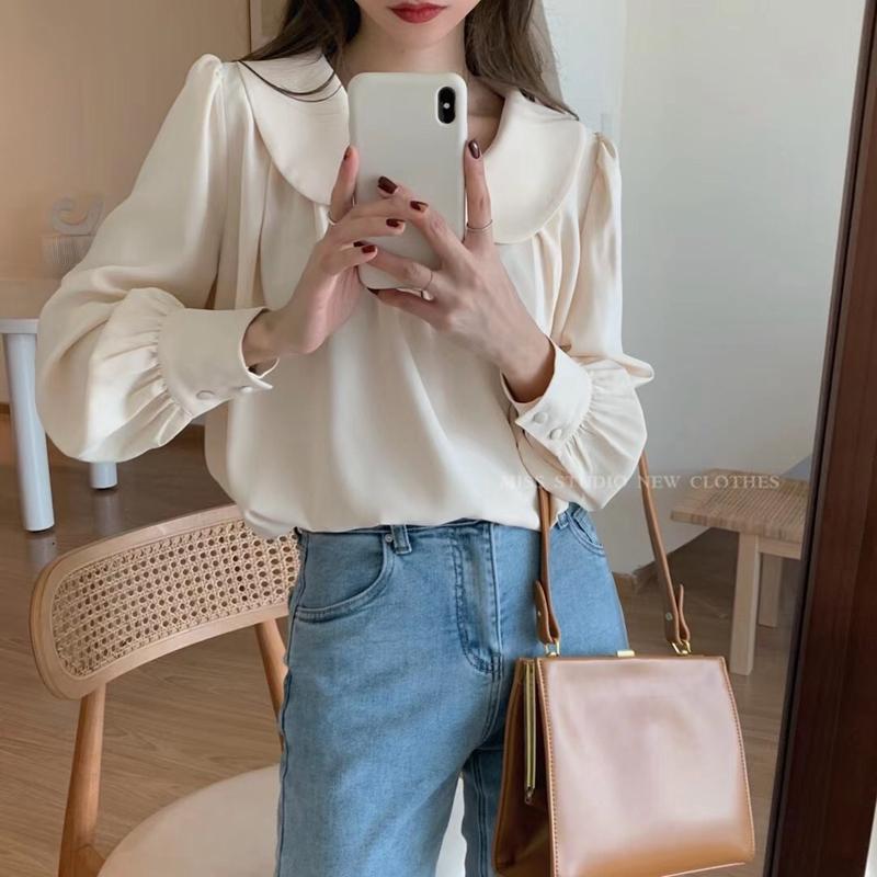 Y2K винтажная шифоновая рубашка для женщин, весна-лето, французская блузка с пышными рукавами, однотонный топ с кукольным воротником, модная женская одежда