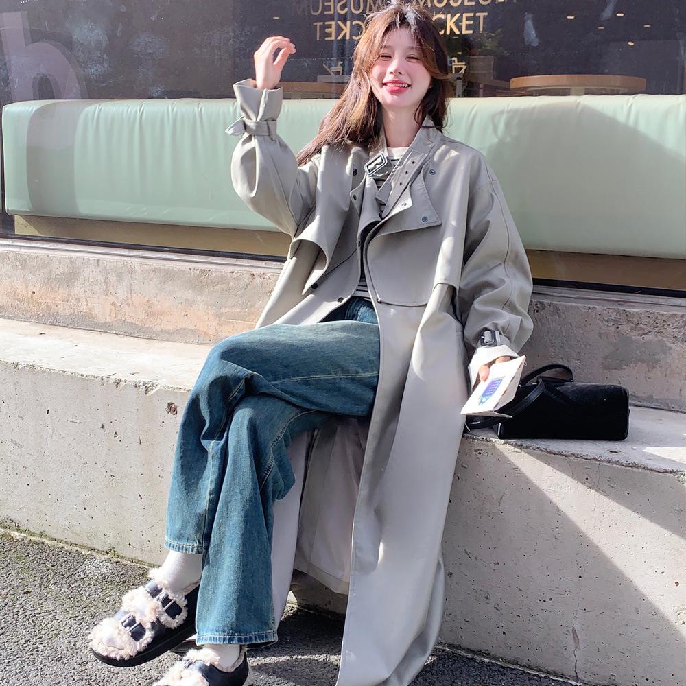 Women's Korean-Style Gray-Green Windbreaker Jacket, Autumn 2024 High-End Mid-Length Coat