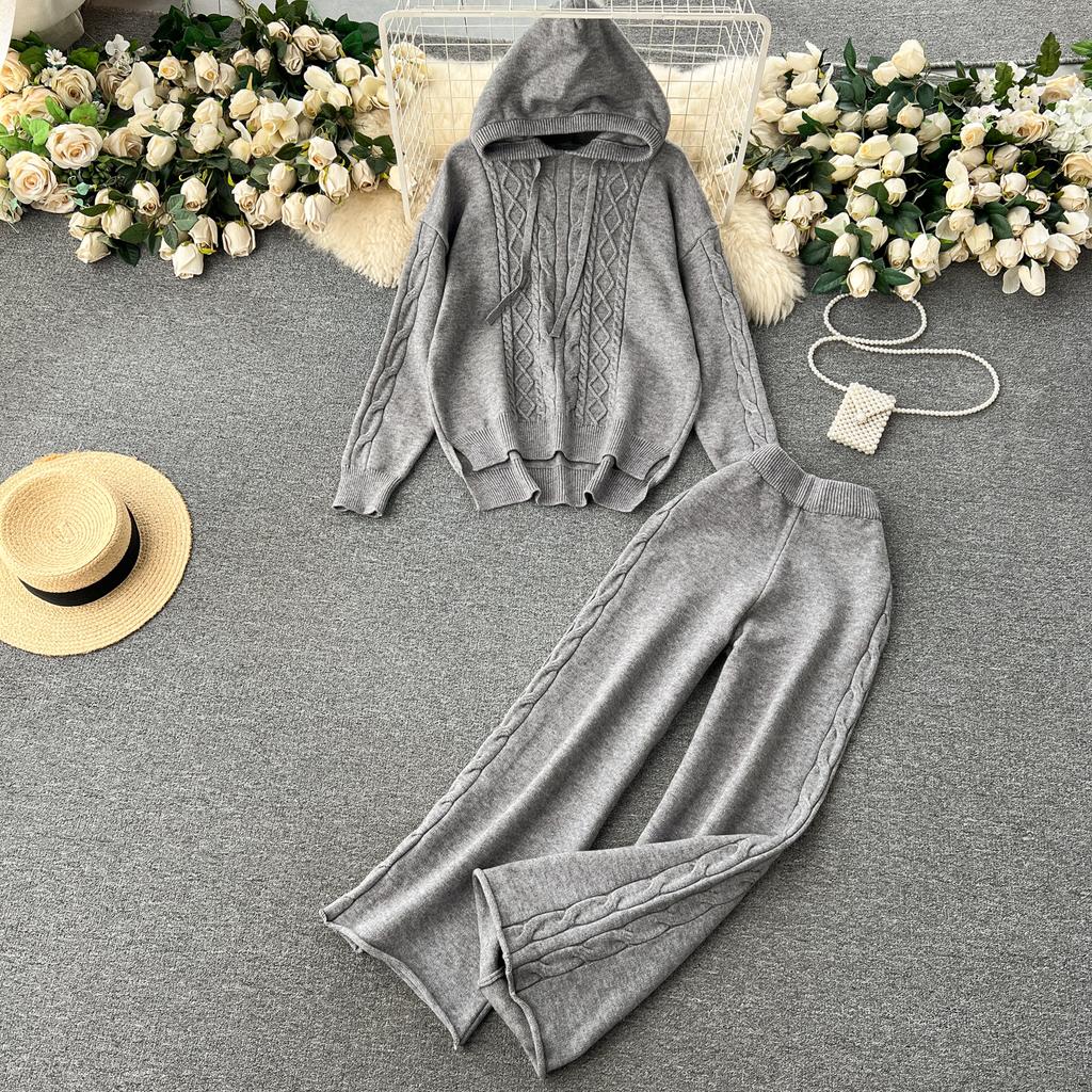 Осенне-зимний женский вязаный свитер, спортивный костюм, модный пуловер с капюшоном, топы и широкие брюки, комплект из двух предметов