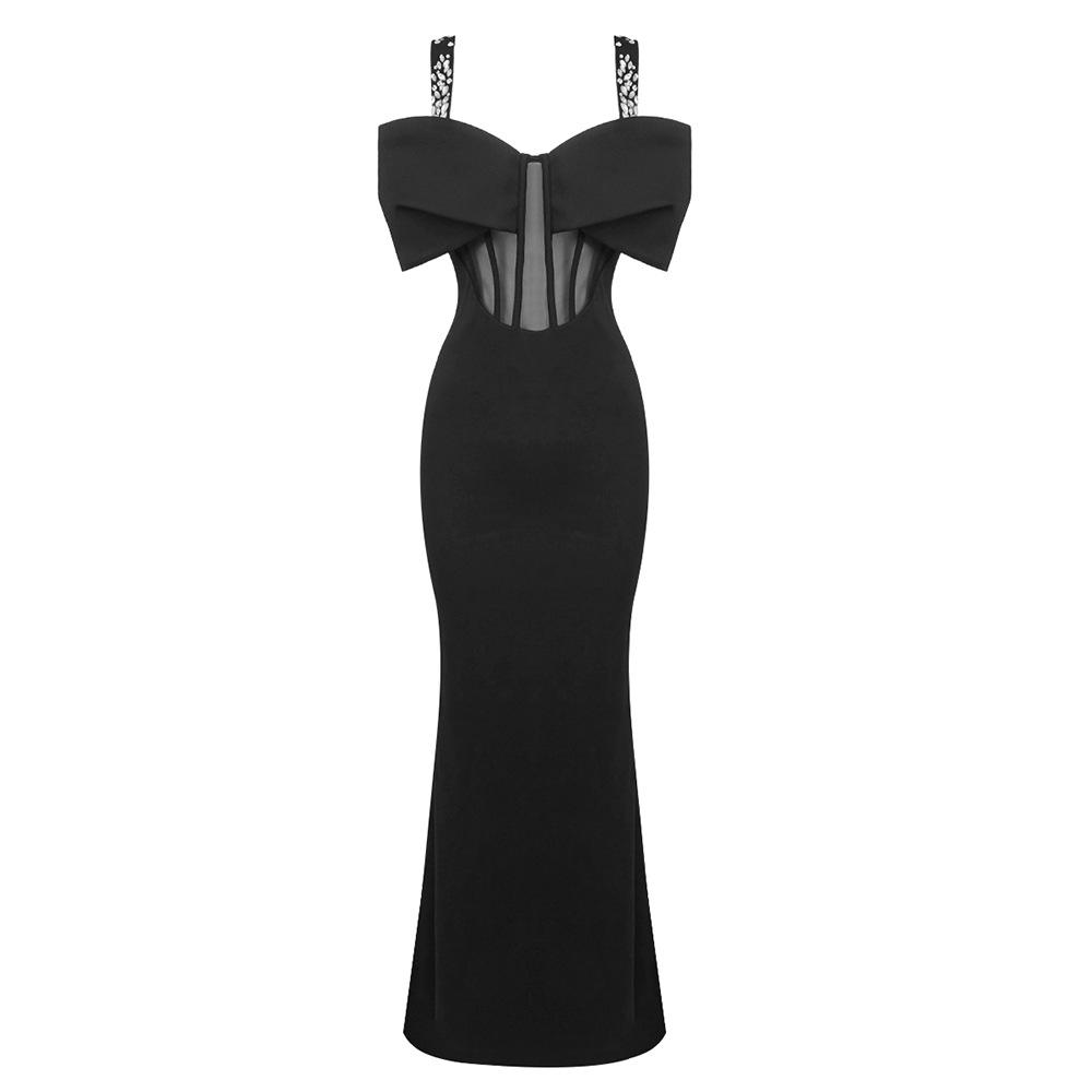 Spot | Summer New Black Suspender Dress, Light Luxury High Sense Perspective Fishbone Slim Split Evening Dress