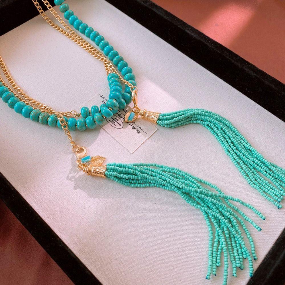 Tassel Pendant Long Turquoise Necklace Rice Beads Sweater Chain Summer Vacation