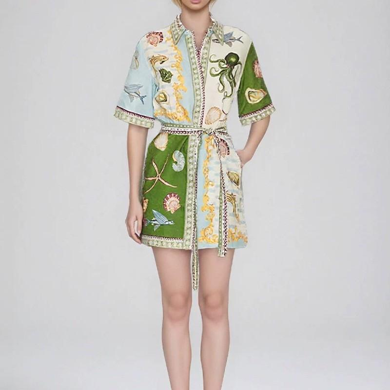 2026 Womens Printed Wrap Tie Neck A-Line Mini Dress High Waist Short Sleeve Elegant Office Casual