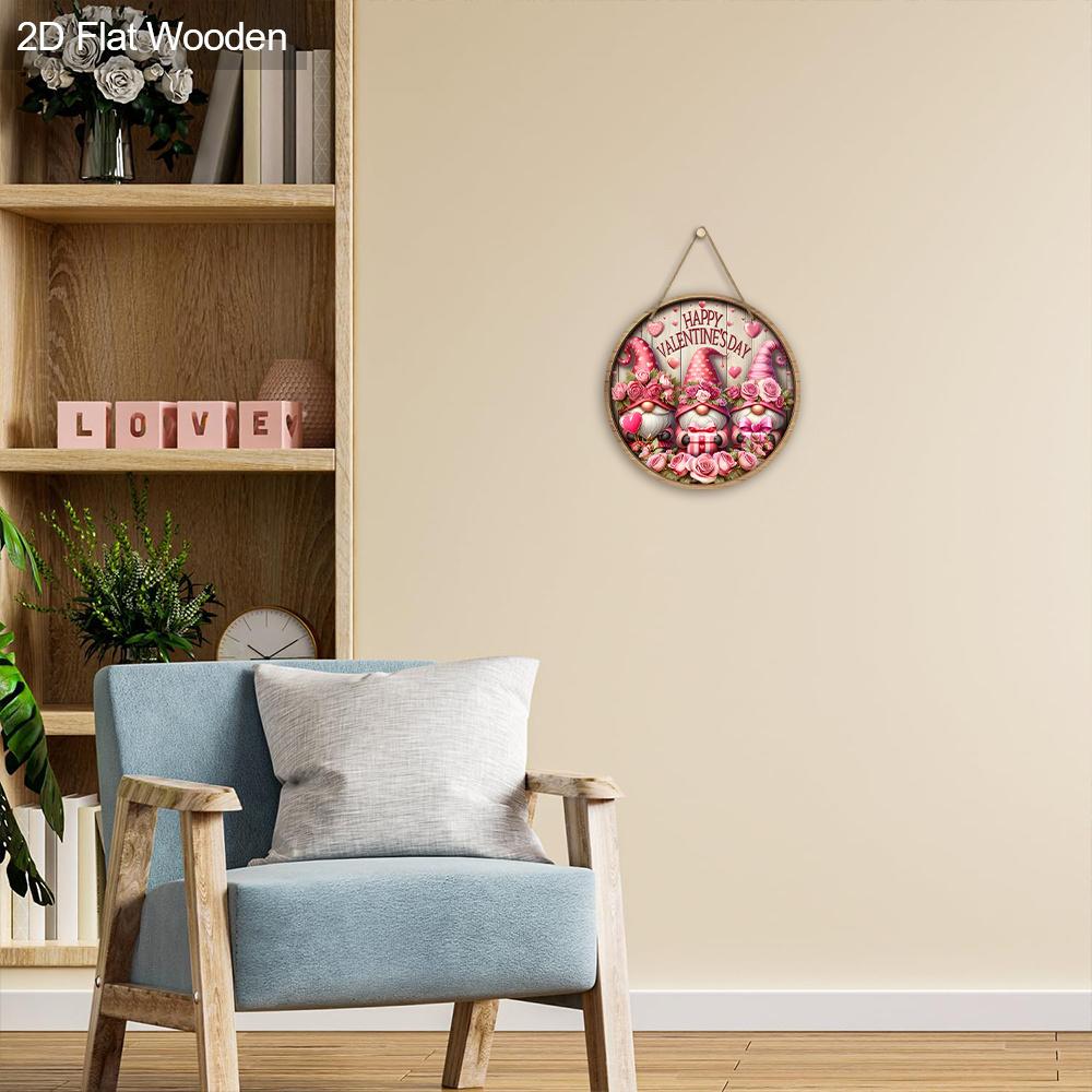 2D Flat Charming Valentine's Day Gnome Sign, 2D Pink Roses Wreath Sign, 7.87 Inch Wooden Round-shaped Hanging Wall or Door Decor, Holiday Party