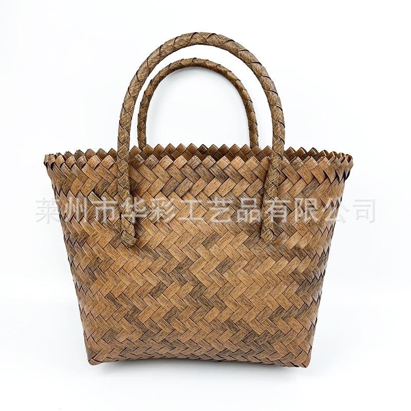 Summer Imitation Rattan Woven Vegetable Basket Retro Simple Portable Large-capacity Straw Woven Bag Versatile Woven Bag Beach Bag