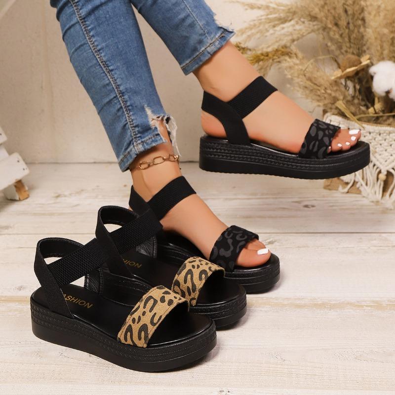 Women's Wide Width Platform Sandals, Elastic Slip-On Wedge Heels, Leopard Print Wholesale Slides for Women