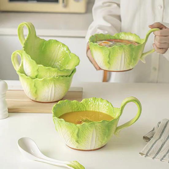 Ceramic Noodle Bowl Creative Cabbage Shape Serving Bowl Cartoon Vegetable Tableware for Noodles Soup Salads