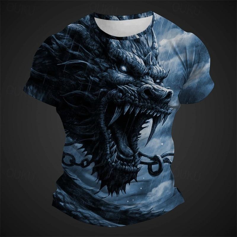 Cool Chinese Loong Pattern Men's 3D Printing T-shirt Summer Round Neck Loose Short Sleeve Top Casual Mythical Animal Clothing