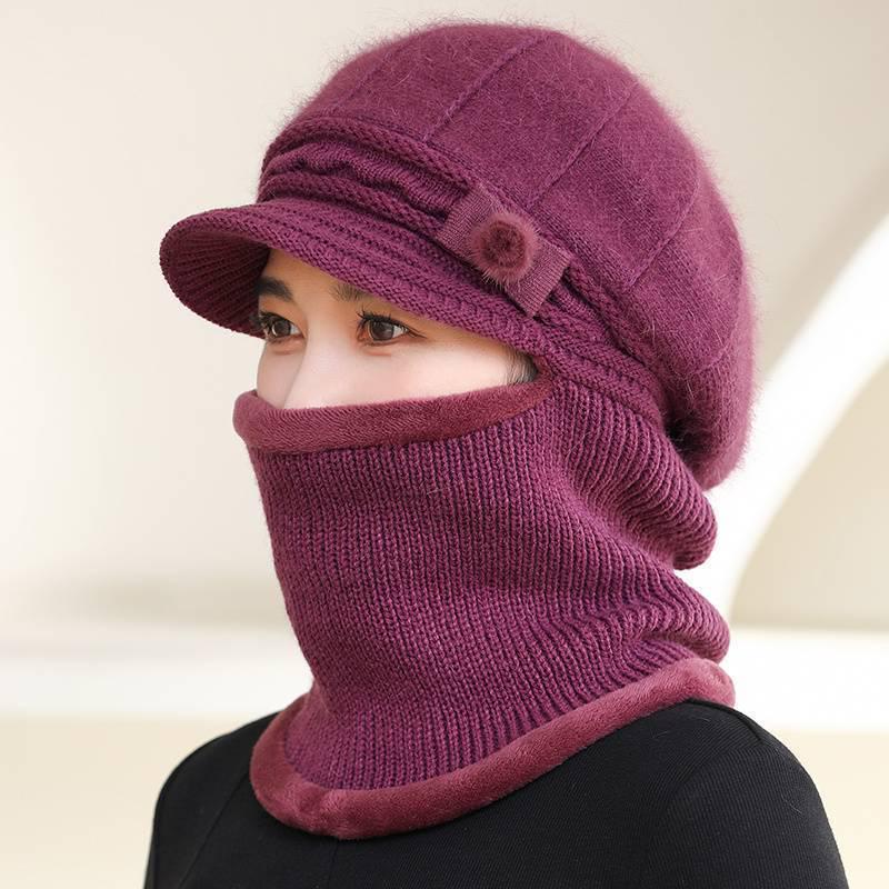 Women's Winter Knitted Wool Hat & Scarf Set with Fleece Lining, Thick and Warm for Middle-Aged & Elderly, Ideal for Cycling and Cold Protection.