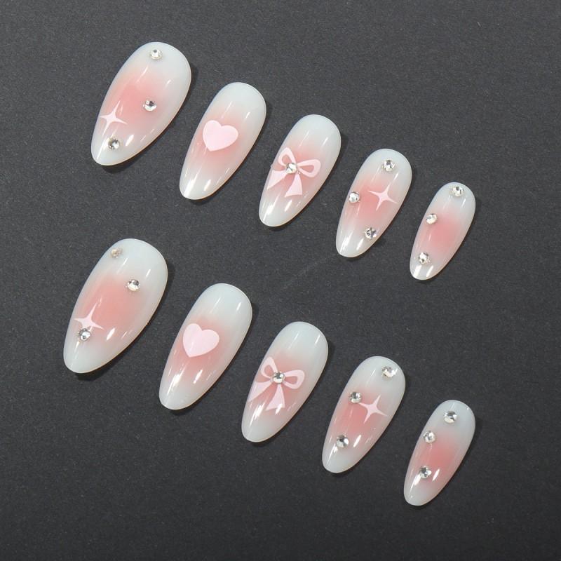 Almond Shape Press-On Nails With Heart Motif Bow Rhinestone Decor Sweet Style Gel Adhesive Or Jelly Glue