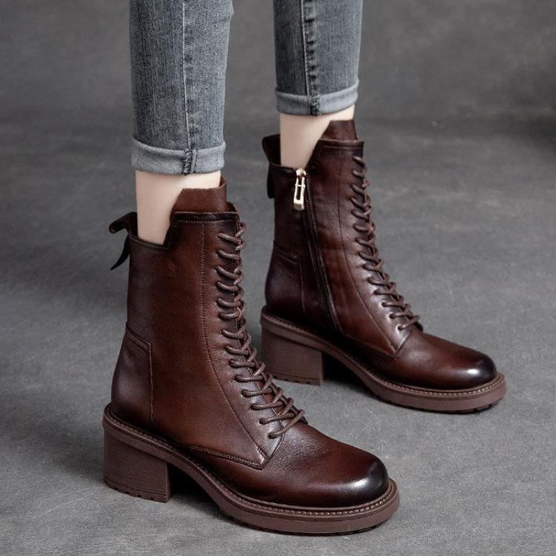 Winter Boots Genuine Leather Women Shoes Plush Warm Round Toe Handmade Zip Leisure Sewing Platform Boots