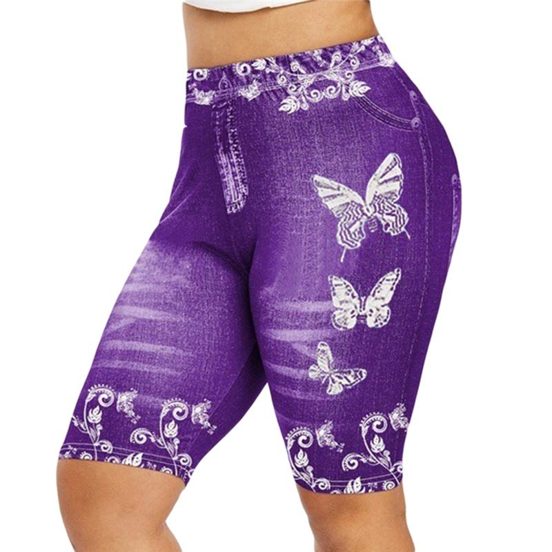 Plus Size 3D Print Capri Leggings For Women Faux Denim Women Fashion Jegging Shorts