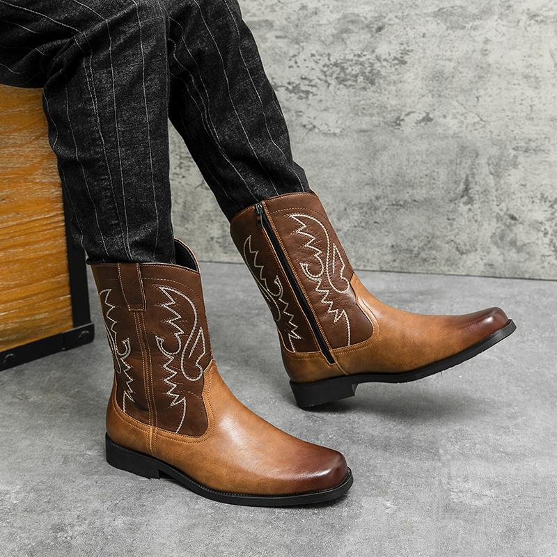 High Quality Embroidery Leather Boots Men Classic High Top British Men's Boots Motorcycle Shoes Men Ankle Western Cowboy Boots Male