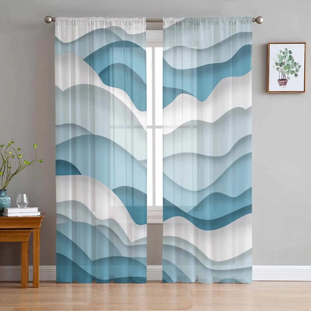 Ocean Waves Spray Blue Gradient Sheer Curtains For Living Room Kitchen Window Curtains Bedroom Tulle Voile Curtains