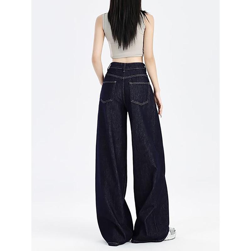Spring and Autumn American Dark Blue Jeans Women's New Small High Waist and Thin Straight Loose Wide-leg Pants