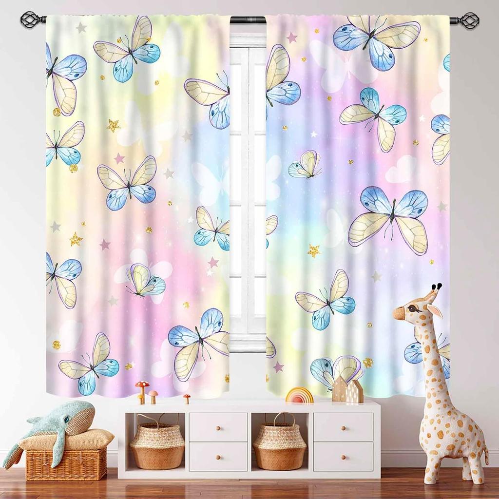 Dreamy Butterfly Curtains Pastel Color Print for Girls Bedroom Window Decor